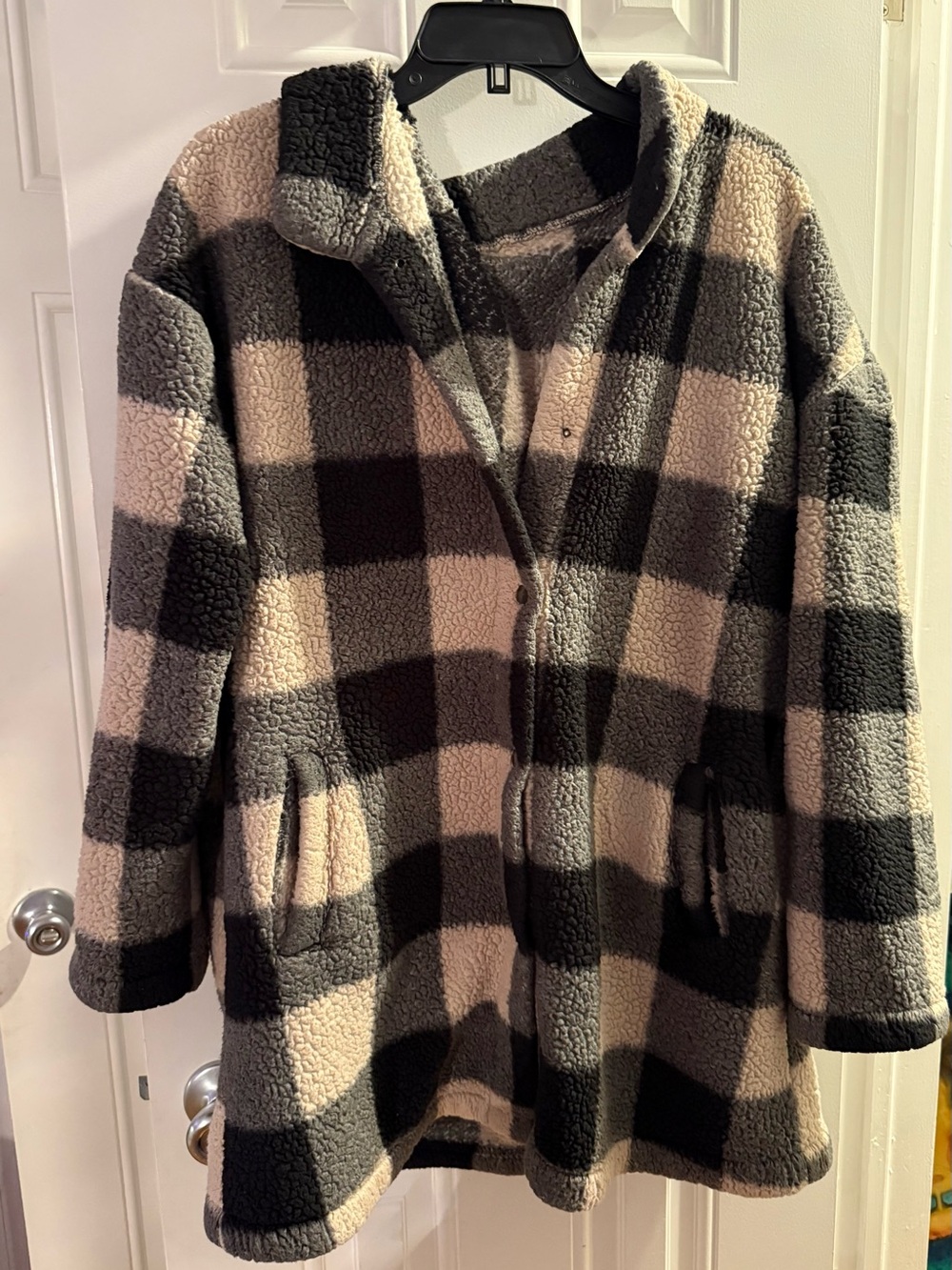 Plush Buffalo Check Sherpa Coat - Black & Cream